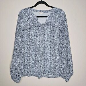 Wonderly Womens 2X Blue Floral Blouse Top‎ Tie Neck Ruffles